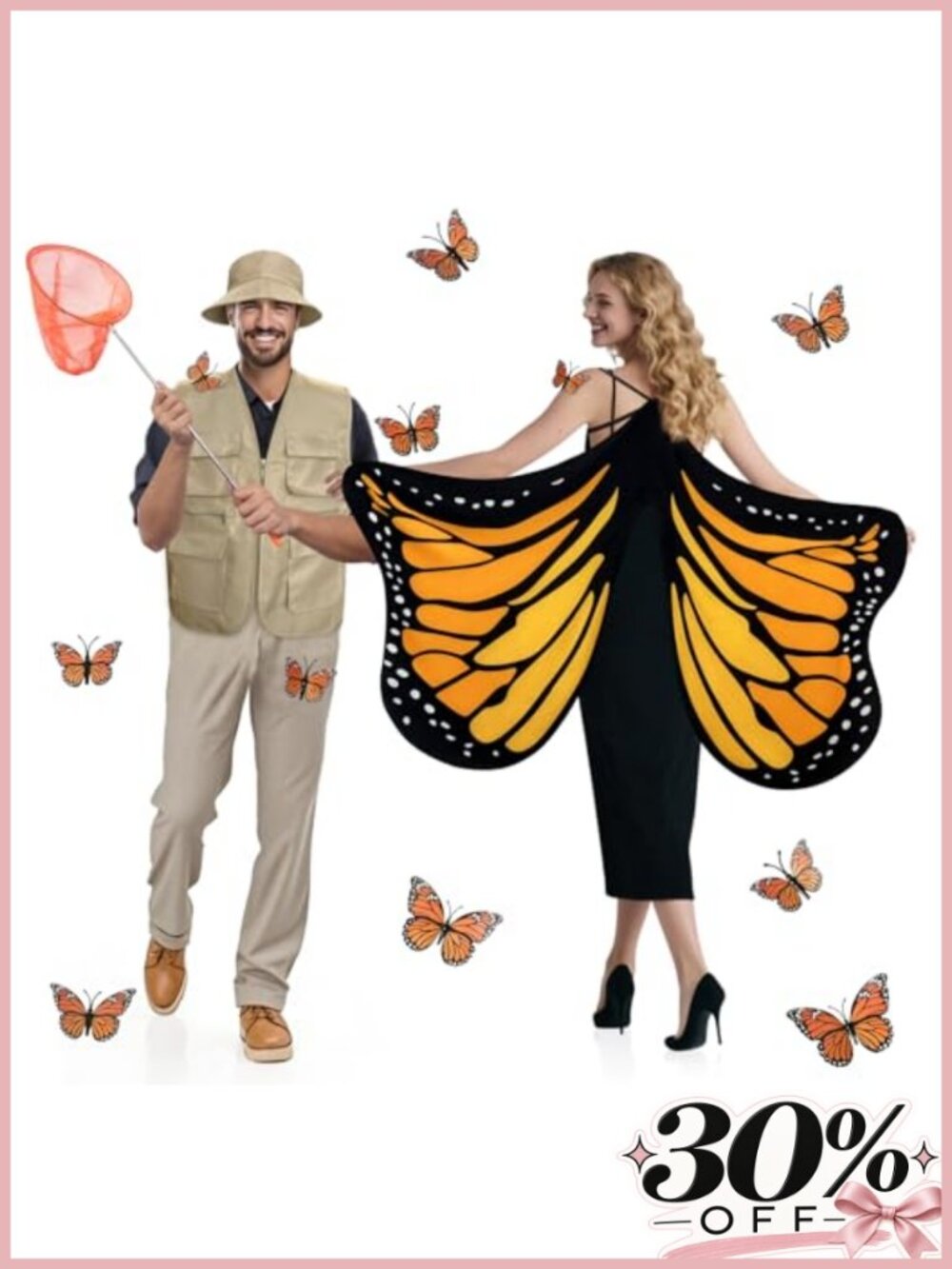 Butterfly Catcher Couple Costume Set with Monarch Wing Cape & Net Adult